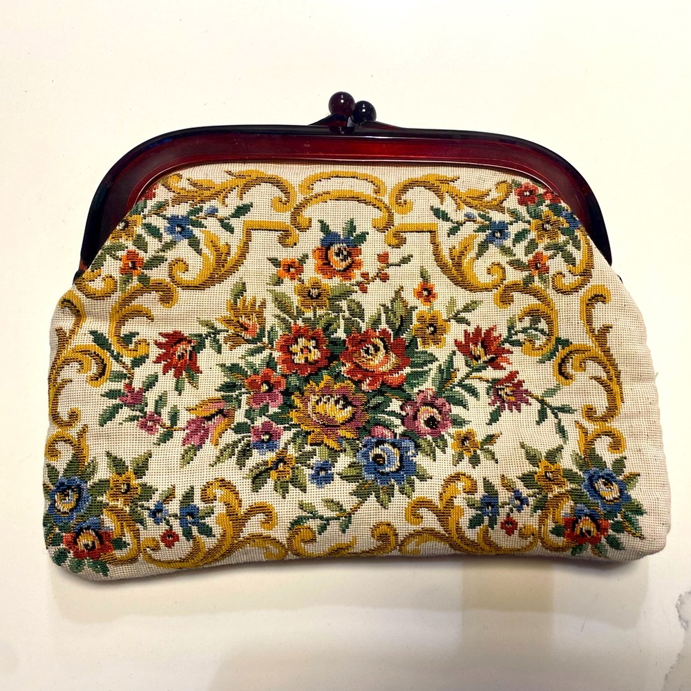 Vintage 1950s Floral Tapestry purse, Embroidered Clutch handbag